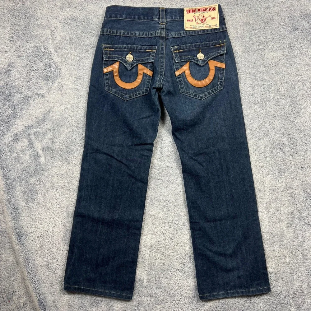 True Religion Mens 32(31)x29 Dark Billy Super T Straight Leg Leather Horseshoe